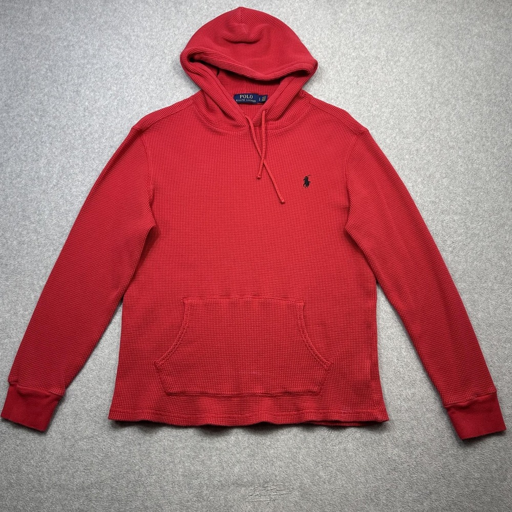 Polo Ralph Lauren Hoodie Women Large Red Waffle Knit Thermal Pocket Pony Logo